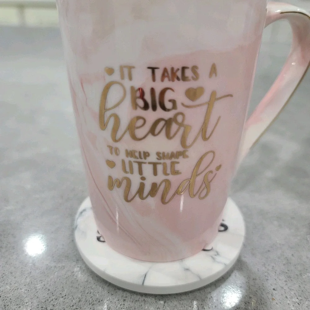 New Duo Present Of Star Teacher Gift Pink & Gold Coffee Mug W/Stirrer & Coaster